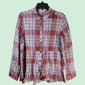 Vanilla Star Women's XL Red Plaid Button Down Split-Hem Flutter Bottom Top USED